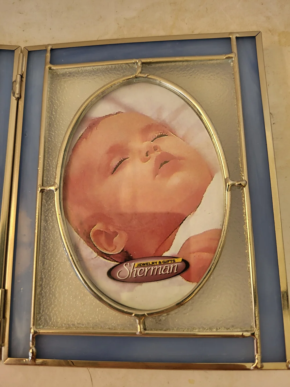 Blue Stained Glass Double Photo Frame with Cross Accent
